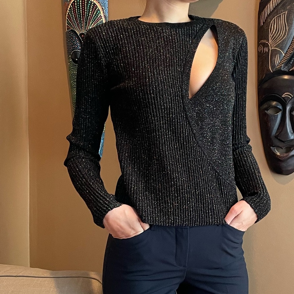 NWT 325$ Michelle Mason Cutout black metallic ribbed wool-blend sweater,size XS